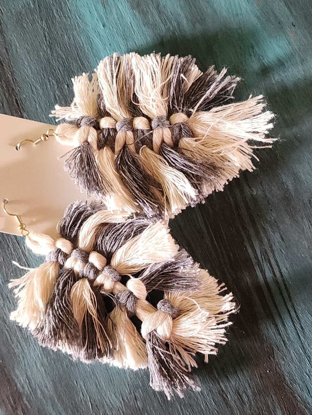 Handmade Boho Tassel Drop Earrings in Cream and Gray